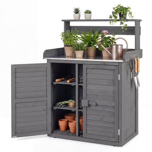 Wood Plant Workstation, Stainless Steel Tabletop, Gray