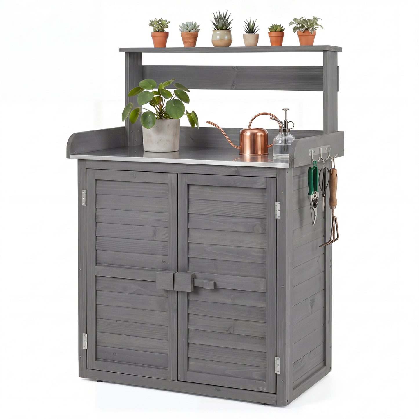 Wood Plant Workstation, Stainless Steel Tabletop, Gray