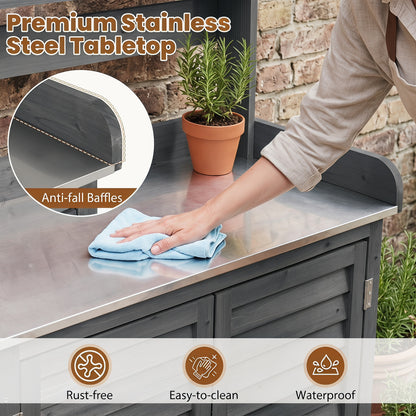 Wood Plant Workstation, Stainless Steel Tabletop, Gray