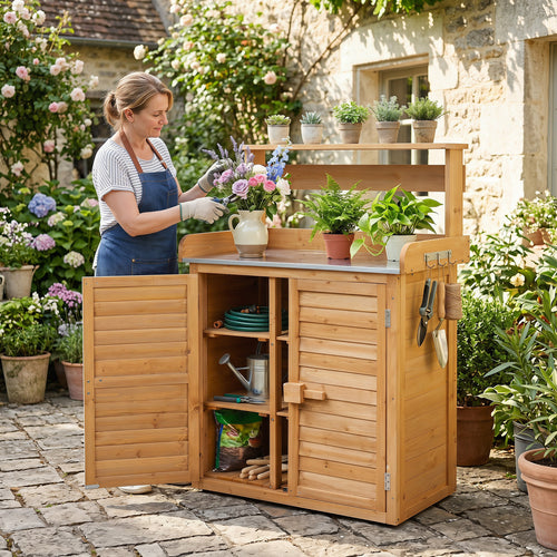Wood Plant Workstation With Stainless Steel Tabletop