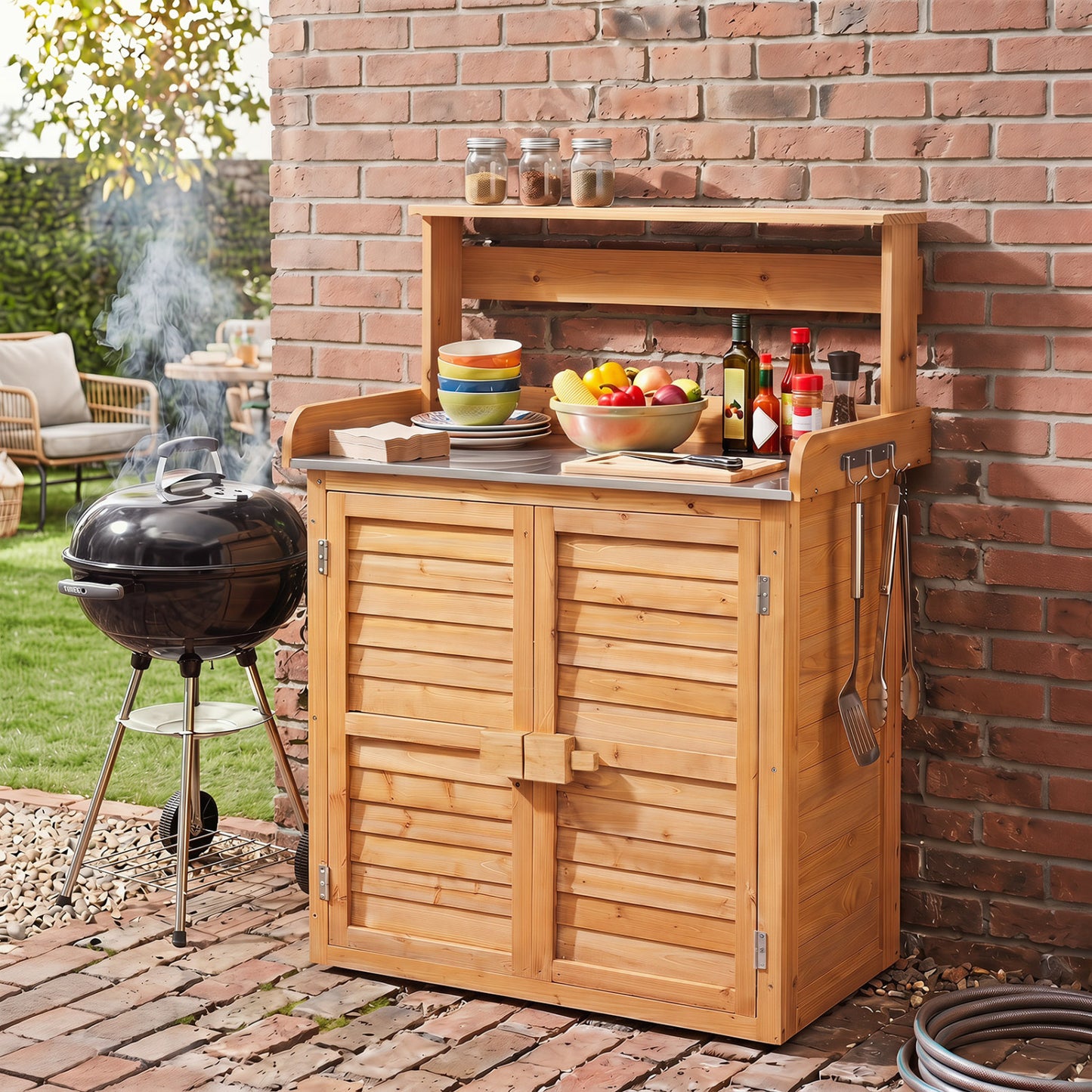 Wood Plant Workstation With Stainless Steel Tabletop