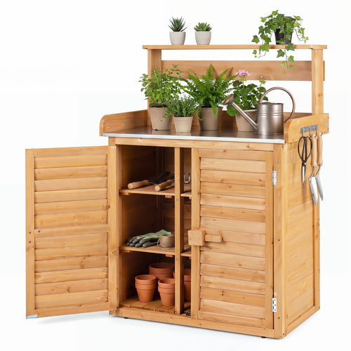 Wood Plant Workstation With Stainless Steel Tabletop