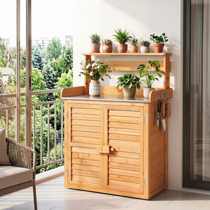 Wood Plant Workstation With Stainless Steel Tabletop