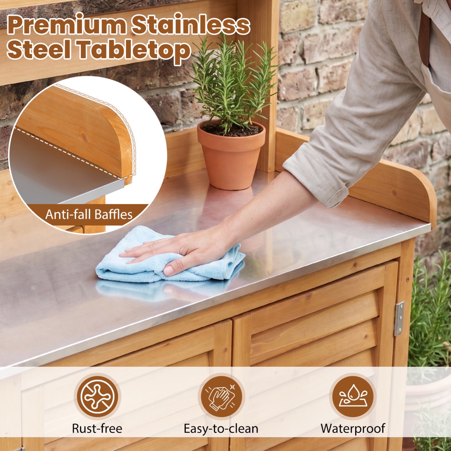 Wood Plant Workstation With Stainless Steel Tabletop