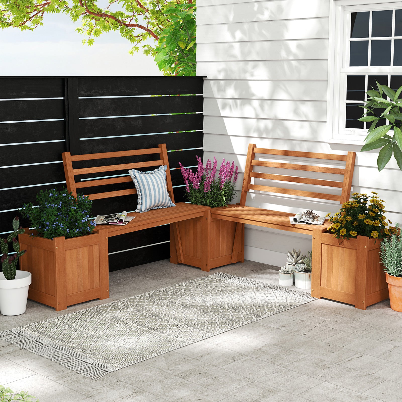 Wood Planter Box With Bench And Backrest, Natural Raised Garden Beds at Gallery Canada