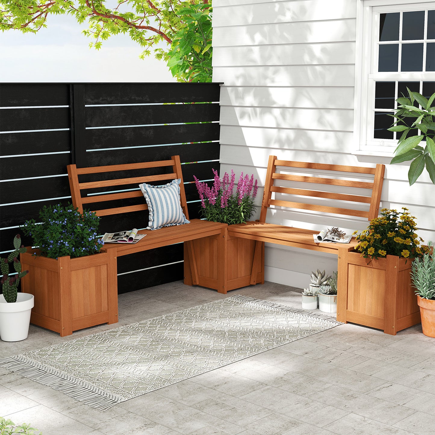 Wood Planter Box With Bench And Backrest, Natural Raised Garden Beds at Gallery Canada