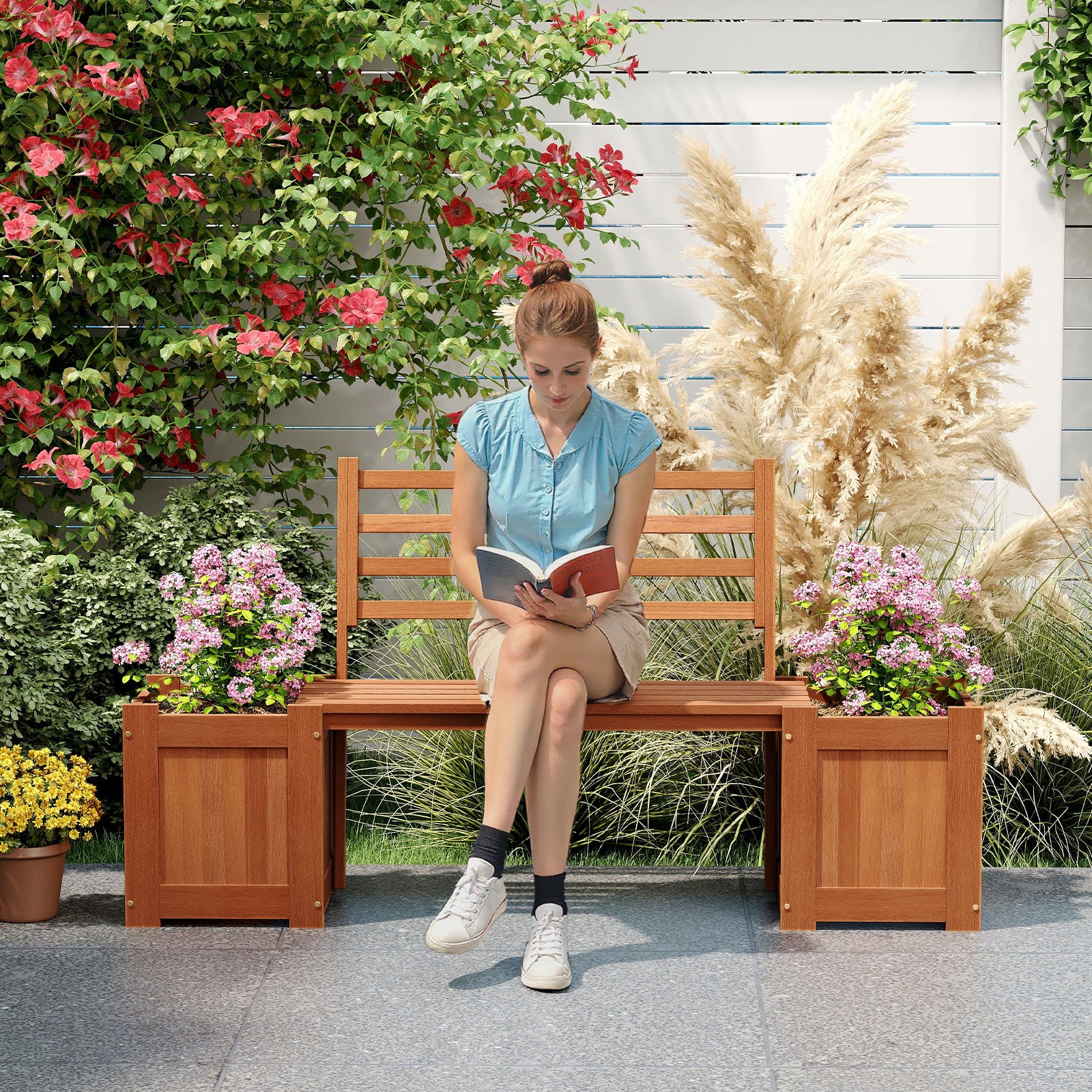 Wood Planter Box With Bench And Backrest, Natural Raised Garden Beds at Gallery Canada