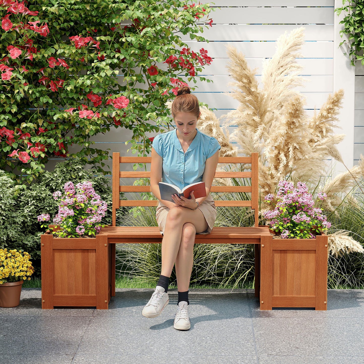 Wood Planter Box With Bench And Backrest, Natural Raised Garden Beds at Gallery Canada