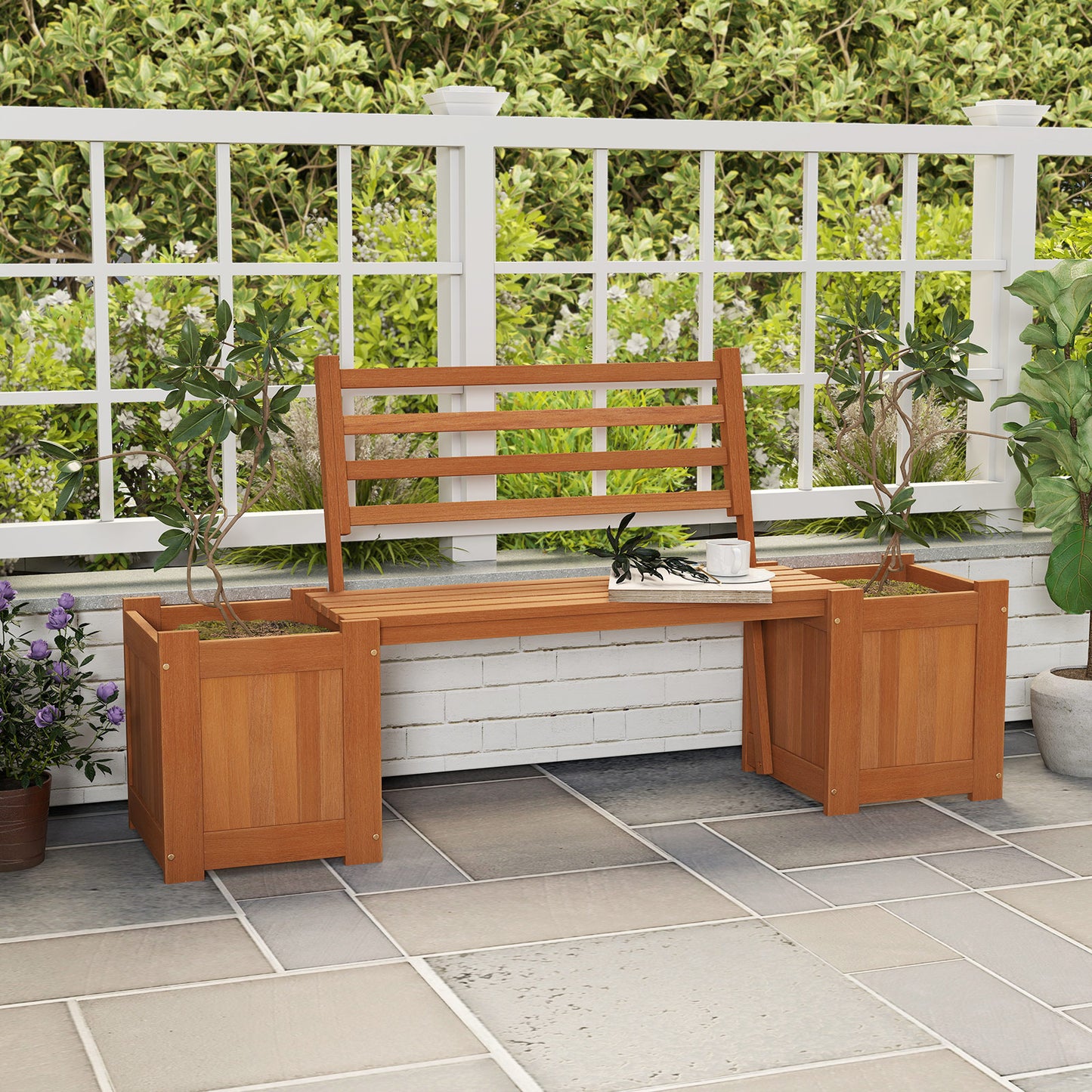 Wood Planter Box With Bench And Backrest, Natural Raised Garden Beds at Gallery Canada