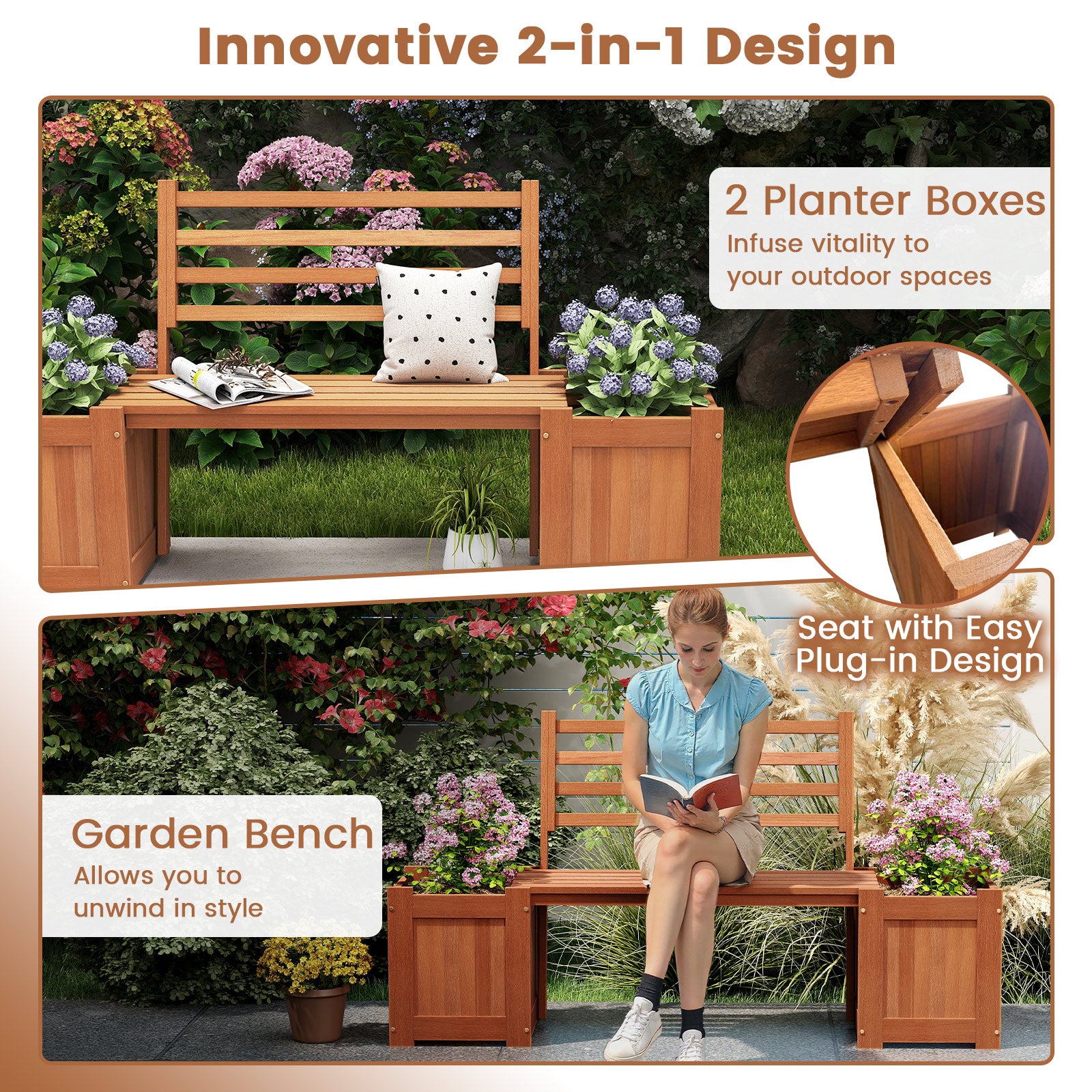 Wood Planter Box With Bench And Backrest, Natural Raised Garden Beds at Gallery Canada