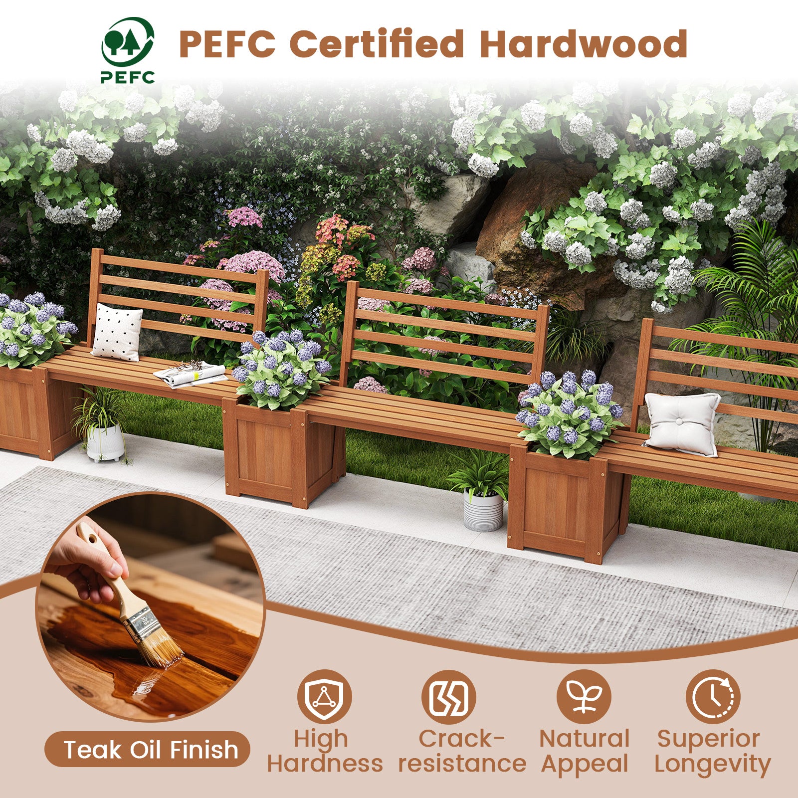 Wood Planter Box With Bench And Backrest, Natural Raised Garden Beds at Gallery Canada