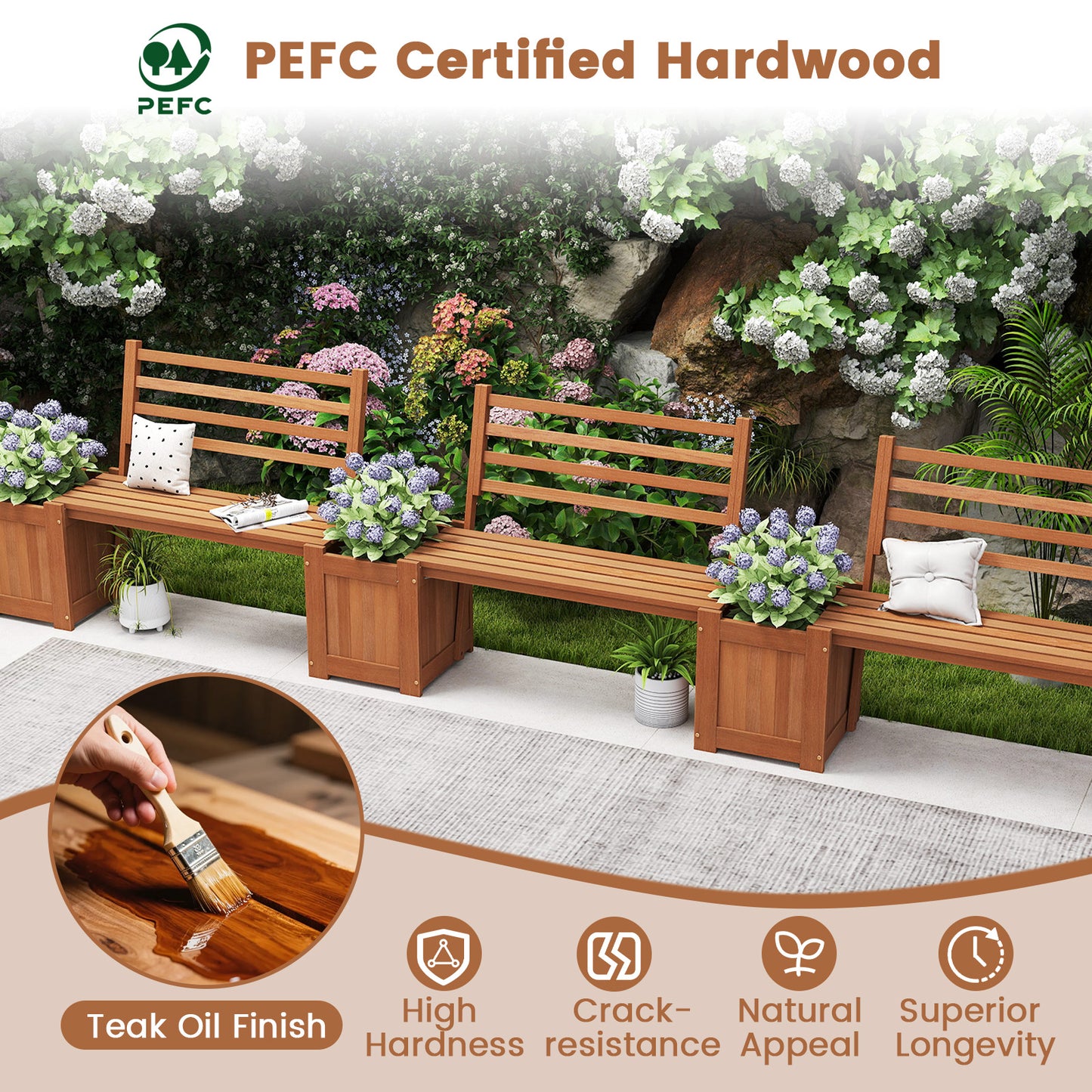 Wood Planter Box With Bench And Backrest, Natural Raised Garden Beds at Gallery Canada