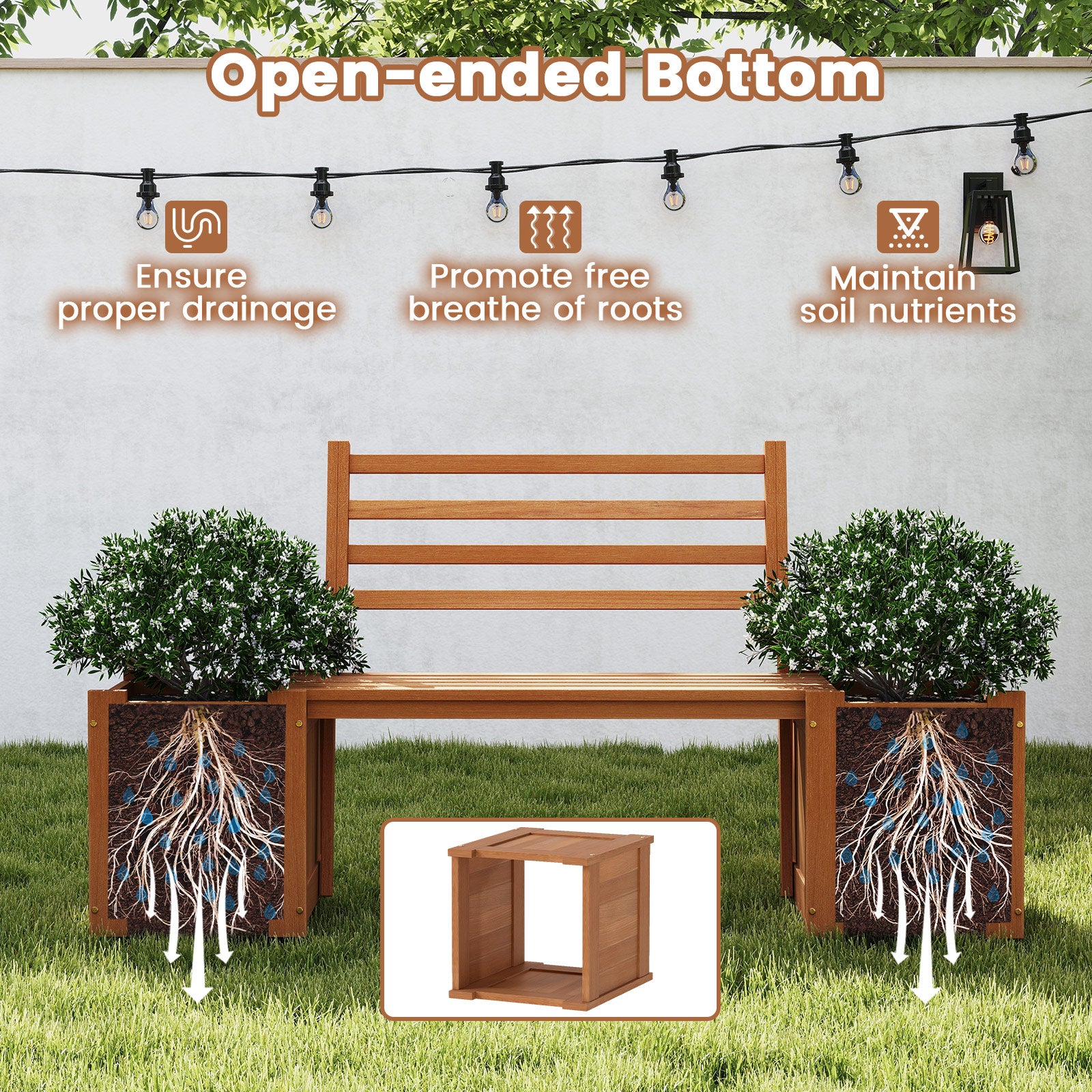 Wood Planter Box With Bench And Backrest, Natural Raised Garden Beds at Gallery Canada