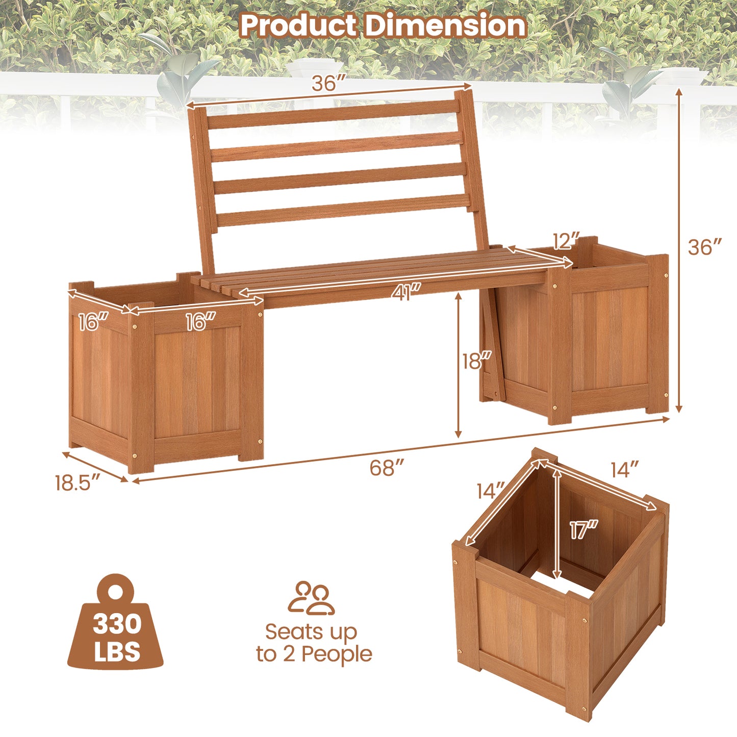 Wood Planter Box With Bench And Backrest, Natural Raised Garden Beds at Gallery Canada