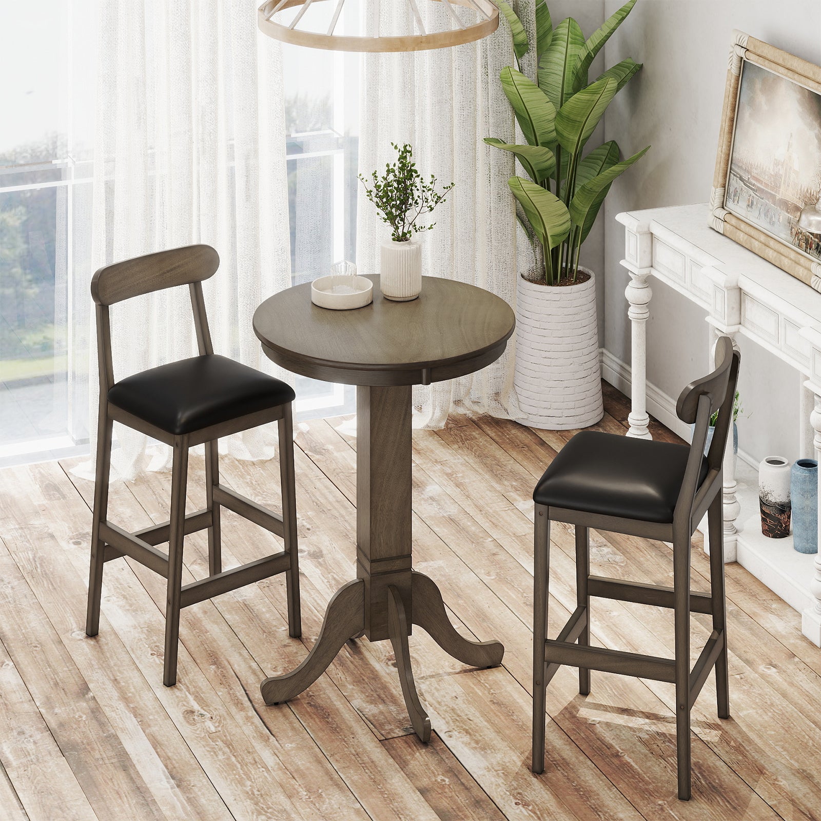 Wood Pub Round Dining Table with Pedestal Base, Gray Dining Tables at Gallery Canada