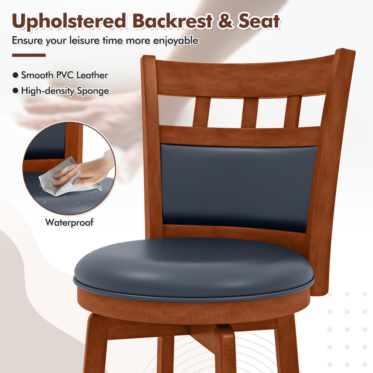 Ensemble de 4 tabourets de bar pivotants en bois, assise en similicuir, 24", Espresso