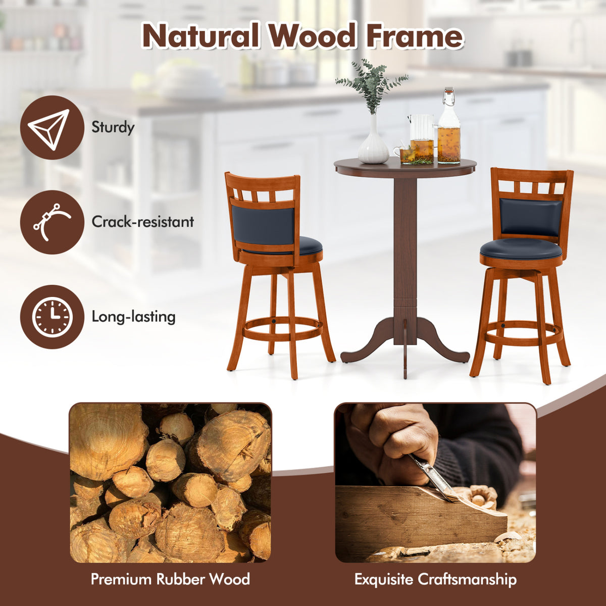 Ensemble de 4 tabourets de bar pivotants en bois, assise en similicuir, 24", Espresso