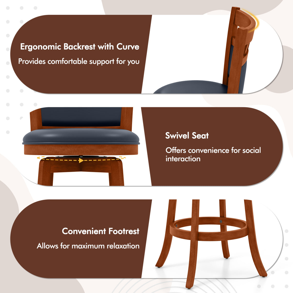 Ensemble de 4 tabourets de bar pivotants en bois, assise en similicuir, 24", Espresso
