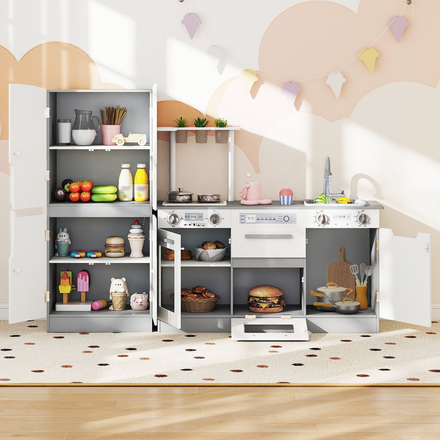 Wooden 2 Piece Kids Kitchen Playset with Fridge and Running Water, Gray Play Kitchen Sets at Gallery Canada
