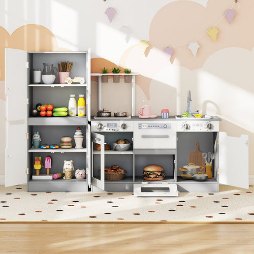Wooden 2 Piece Kids Kitchen Playset with Fridge and Running Water, Gray