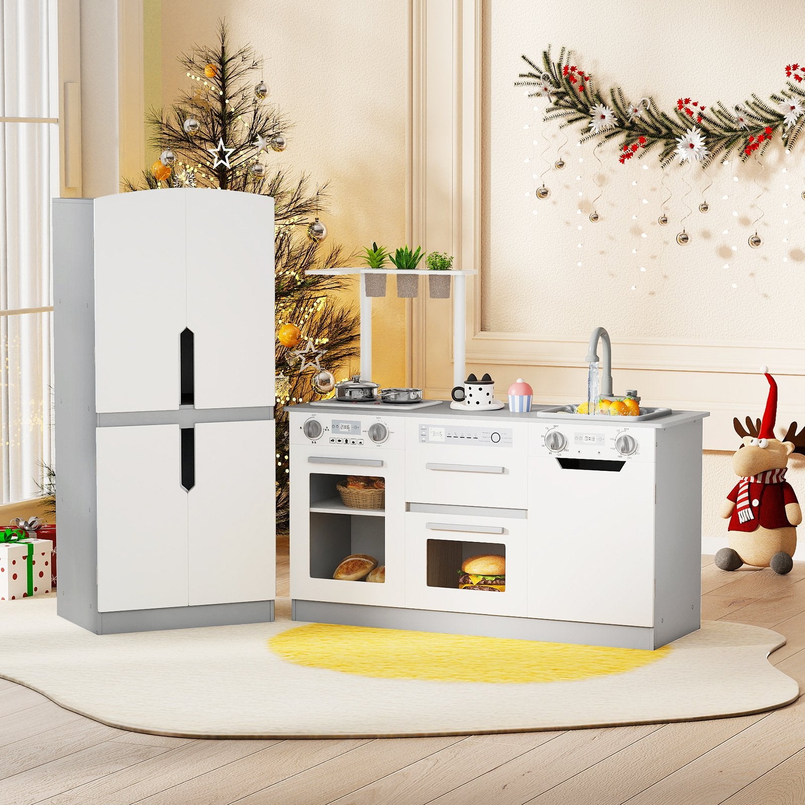 Wooden 2 Piece Kids Kitchen Playset with Fridge and Running Water, Gray Play Kitchen Sets at Gallery Canada