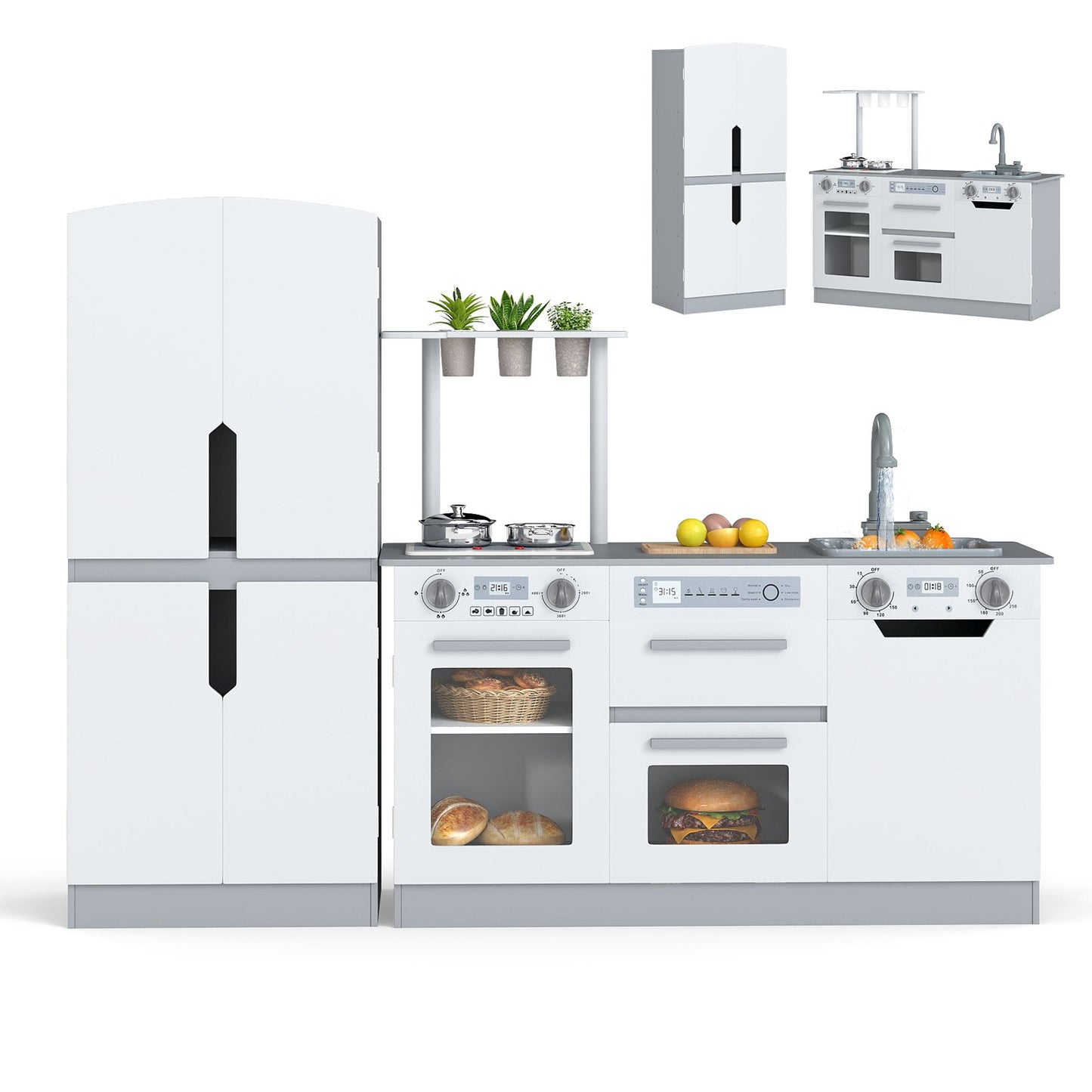 Wooden 2 Piece Kids Kitchen Playset with Fridge and Running Water, Gray Play Kitchen Sets Gray at Gallery Canada