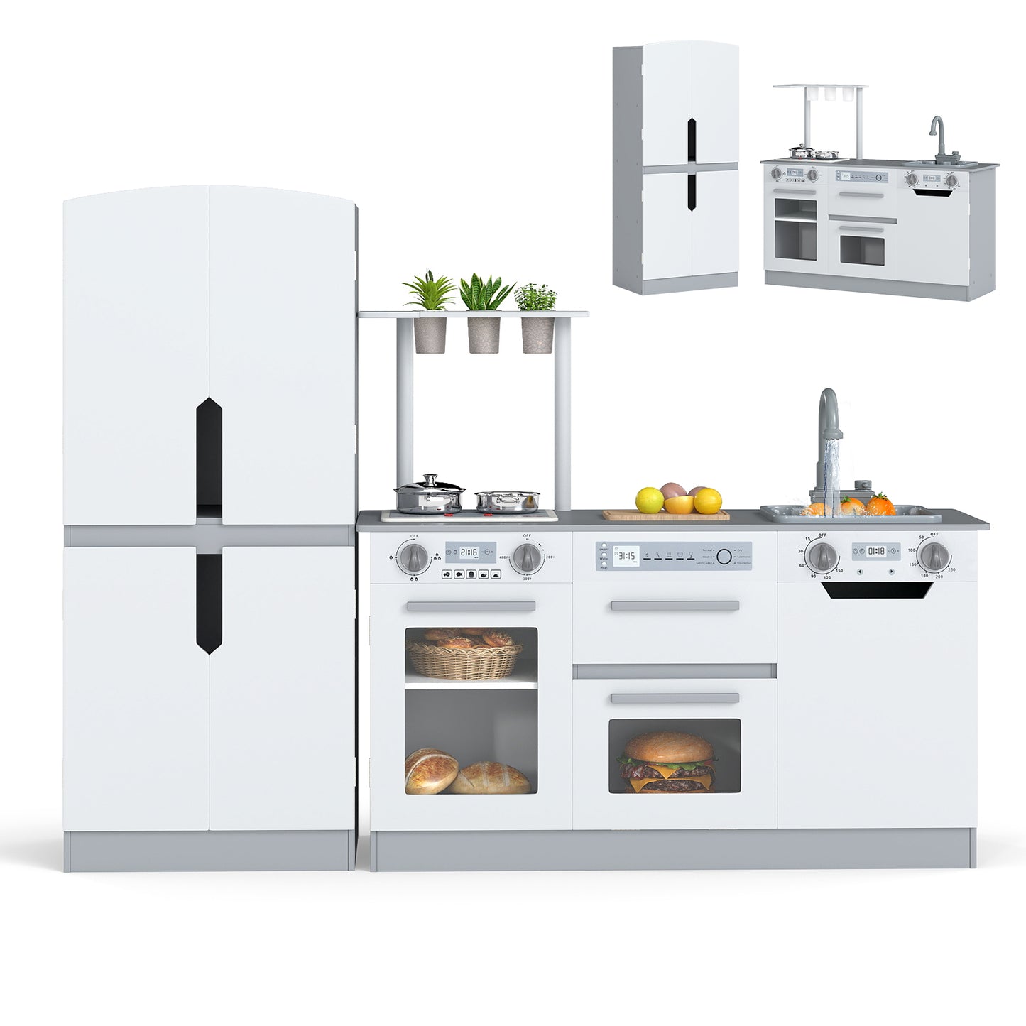 Wooden 2 Piece Kids Kitchen Playset with Fridge and Running Water, Gray Play Kitchen Sets at Gallery Canada