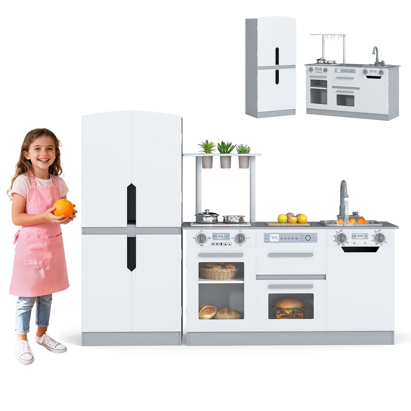 Wooden 2 Piece Kids Kitchen Playset with Fridge and Running Water, Gray Play Kitchen Sets at Gallery Canada