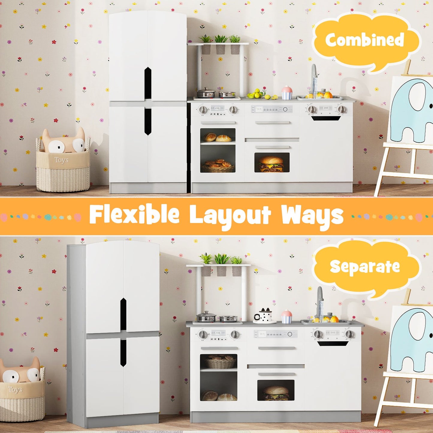 Wooden 2 Piece Kids Kitchen Playset with Fridge and Running Water, Gray Play Kitchen Sets at Gallery Canada