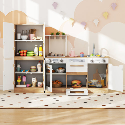 Wooden 2 Piece Kids Kitchen Playset with Fridge and Running Water, Natural