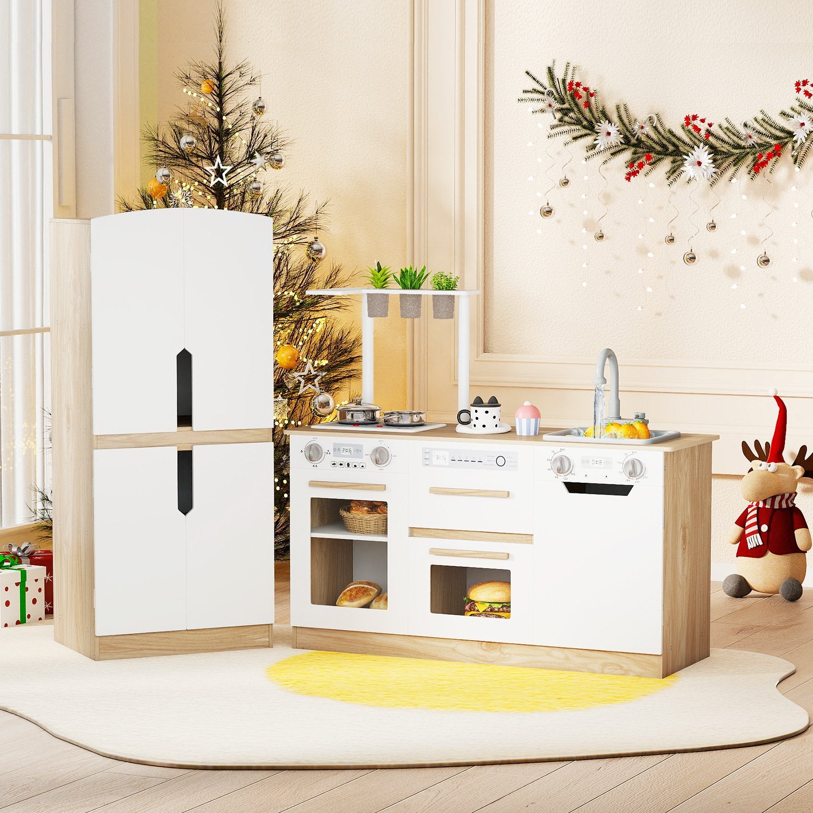 Wooden 2 Piece Kids Kitchen Playset with Fridge and Running Water, Natural Play Kitchen Sets at Gallery Canada