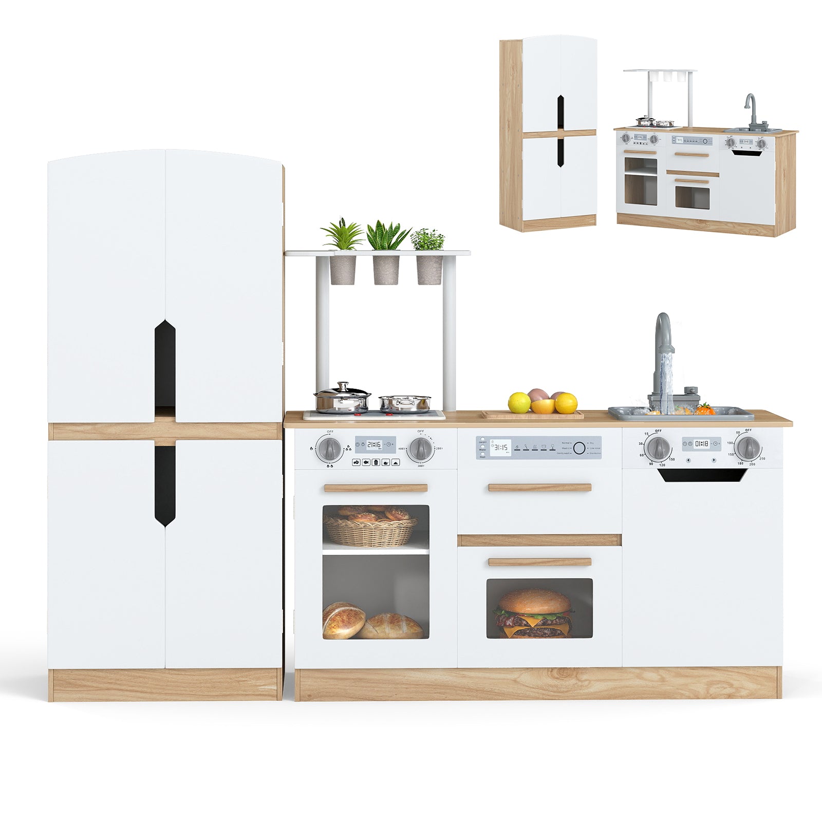 Wooden 2 Piece Kids Kitchen Playset with Fridge and Running Water, Natural Play Kitchen Sets at Gallery Canada