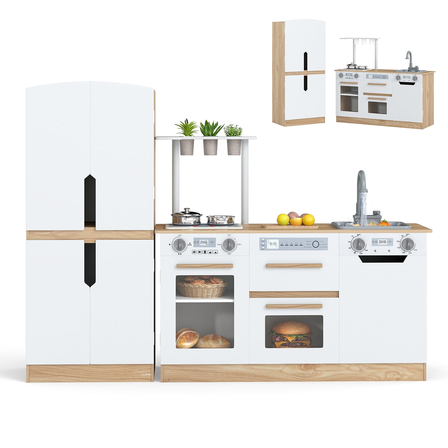 Wooden 2 Piece Kids Kitchen Playset with Fridge and Running Water, Natural Play Kitchen Sets at Gallery Canada
