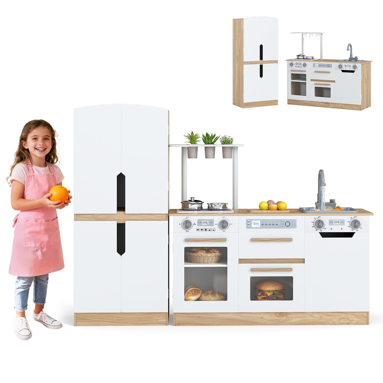 Wooden 2 Piece Kids Kitchen Playset with Fridge and Running Water, Natural Play Kitchen Sets at Gallery Canada