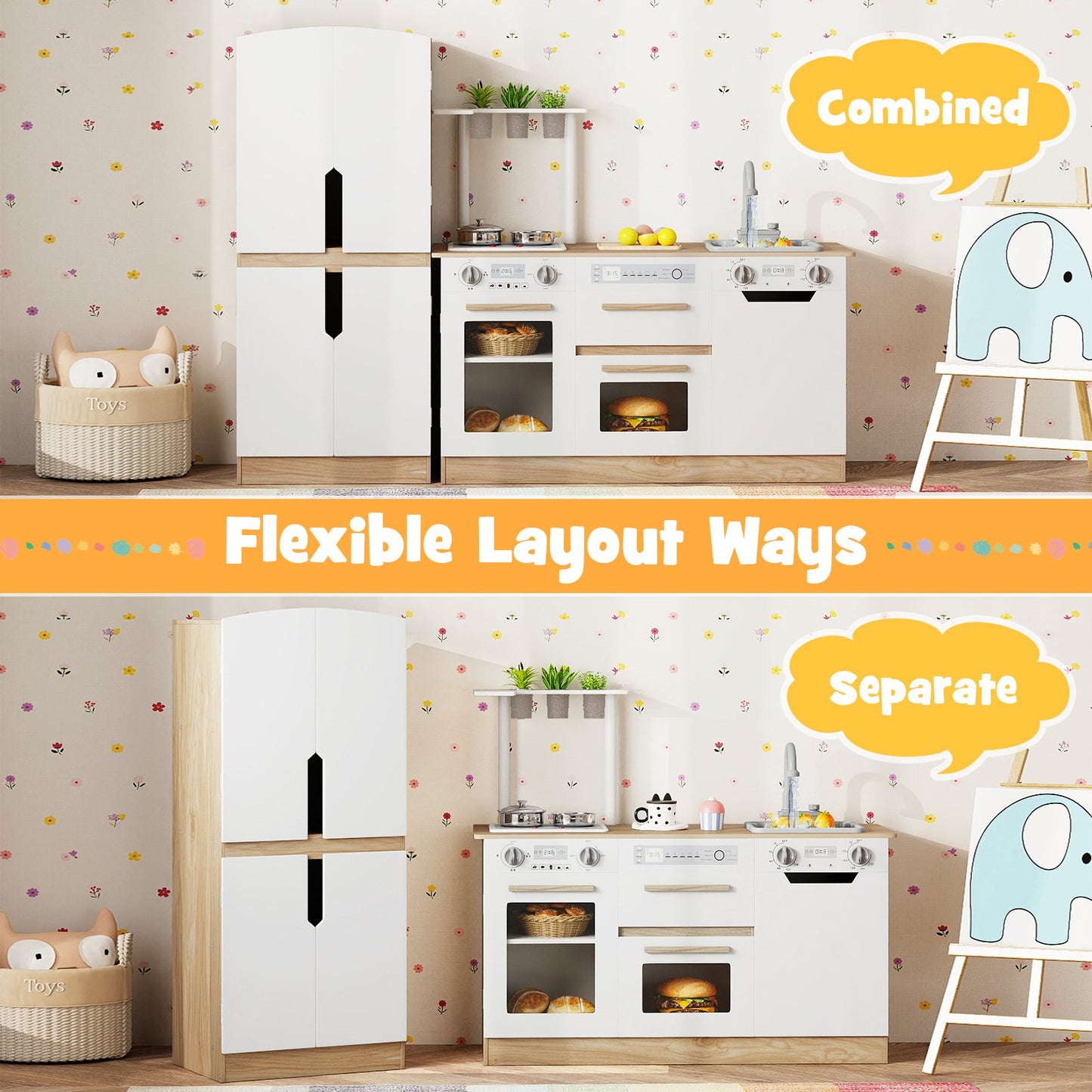 Wooden 2 Piece Kids Kitchen Playset with Fridge and Running Water, Natural Play Kitchen Sets at Gallery Canada