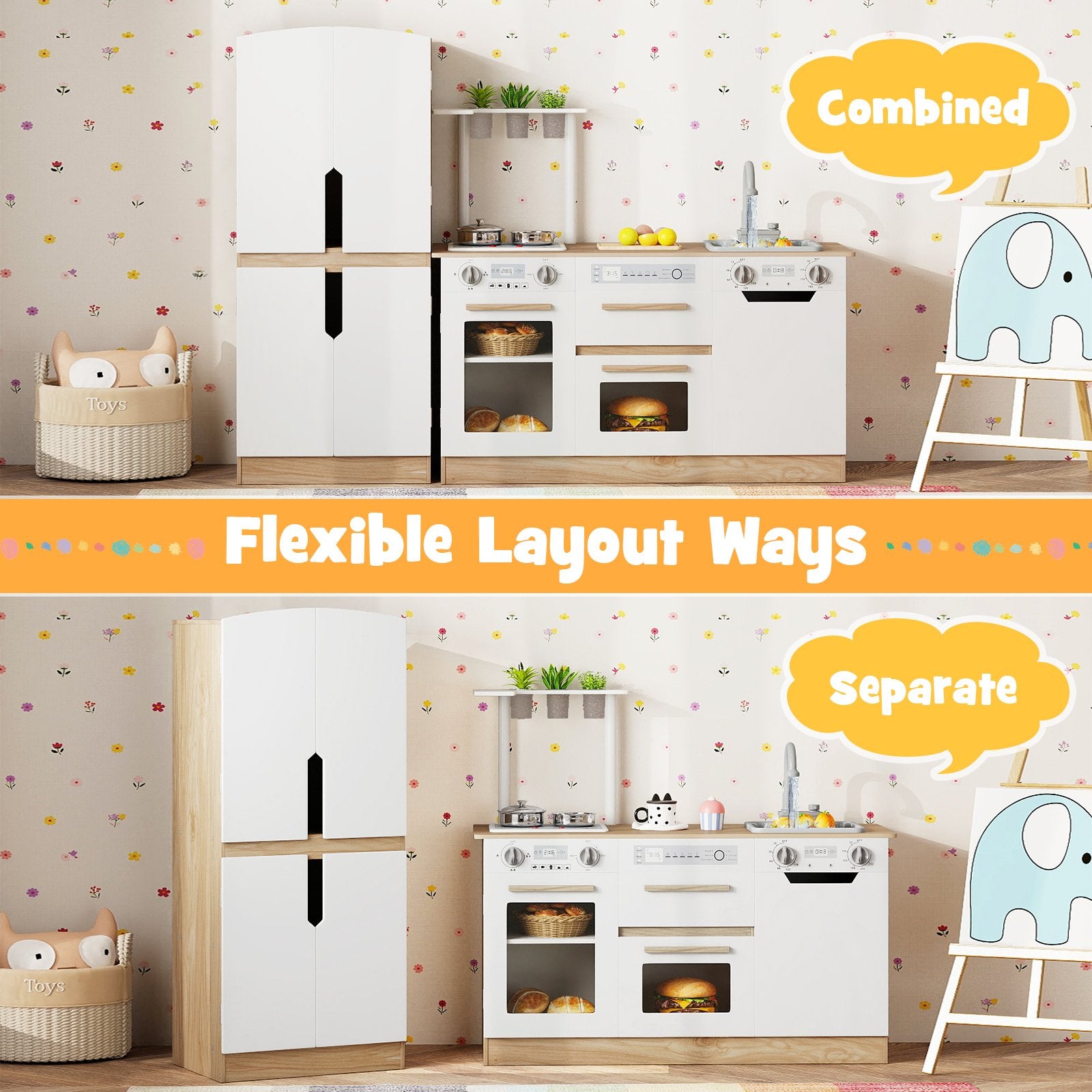 Wooden 2 Piece Kids Kitchen Playset with Fridge and Running Water, Natural Play Kitchen Sets at Gallery Canada