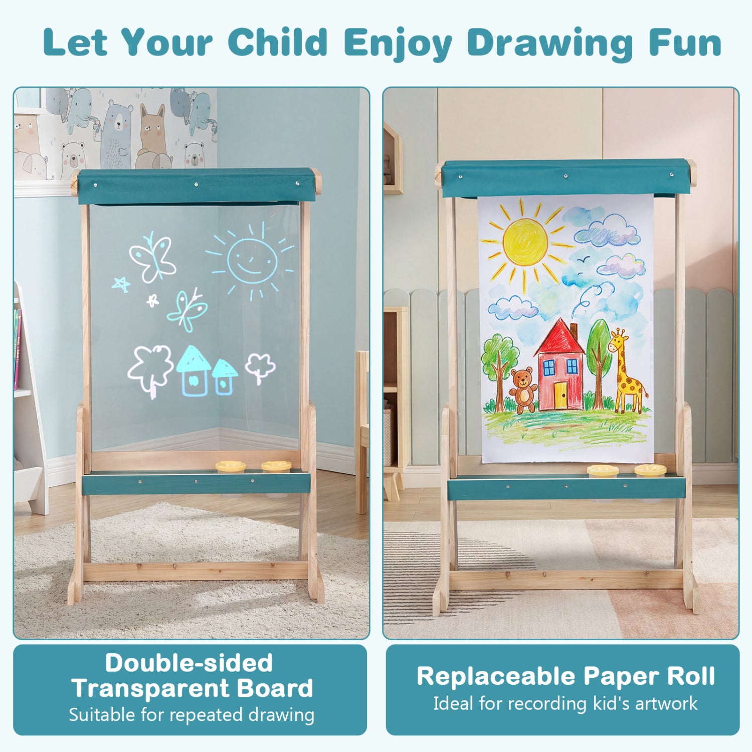 Wooden Art Easel for Kids with Transparent Board and Paper Roll, Natural Art Easels at Gallery Canada