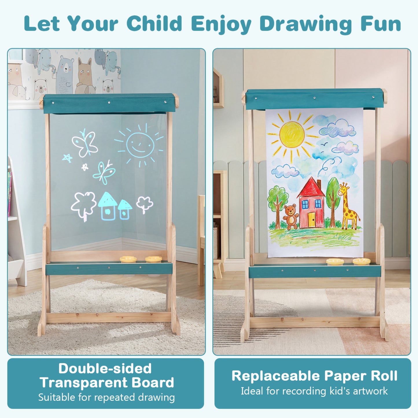 Wooden Art Easel for Kids with Transparent Board and Paper Roll, Natural Art Easels at Gallery Canada