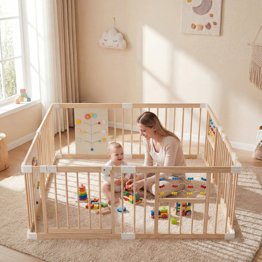 Wooden Baby Playpen, Adjustable Large Play Yard, Natural Baby Playpen & Playards Natural at Gallery Canada