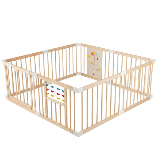 Wooden Baby Playpen, Adjustable Large Play Yard, Natural