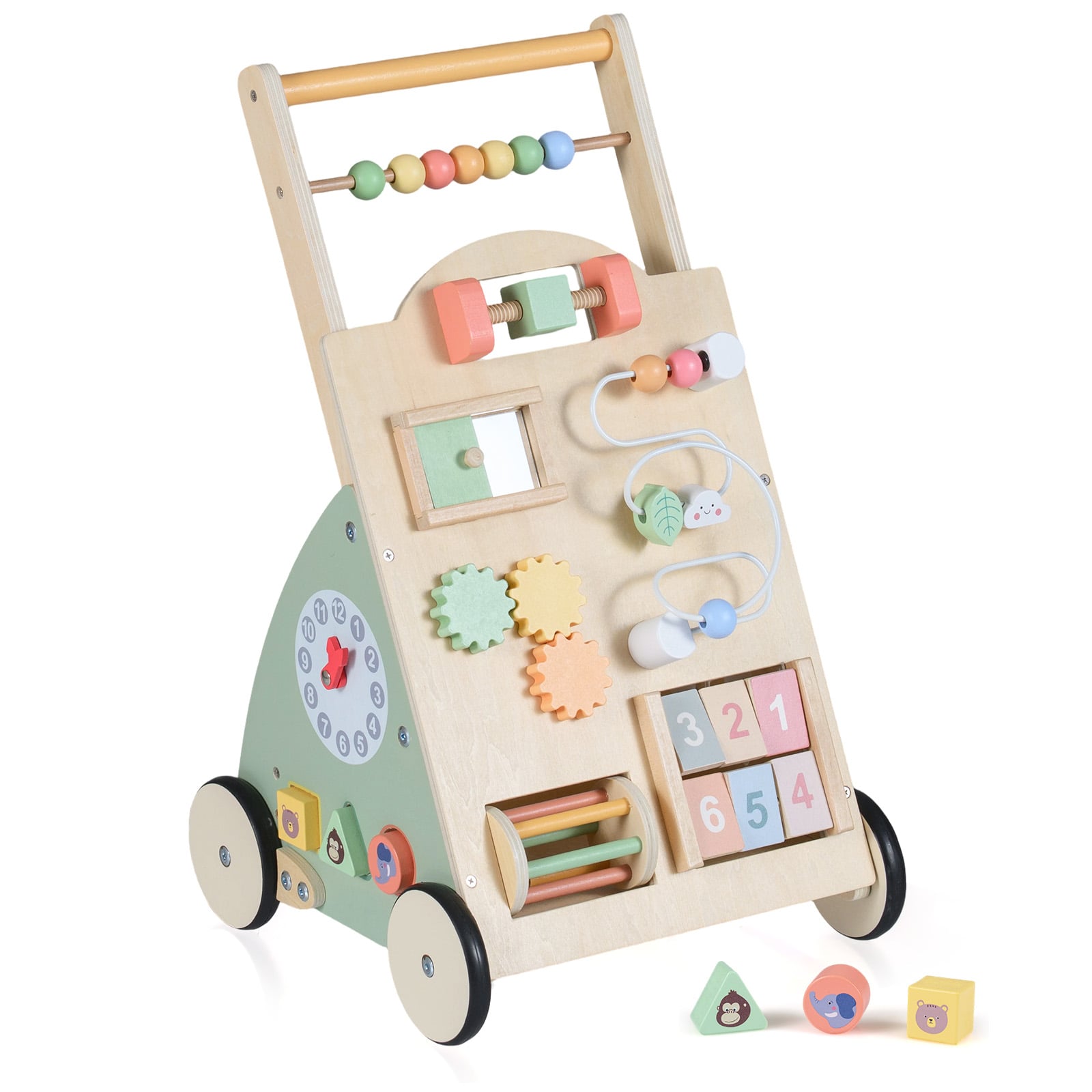 Wooden Baby Walker With Wheels, Storage Basket, Green Baby Activity Green at Gallery Canada