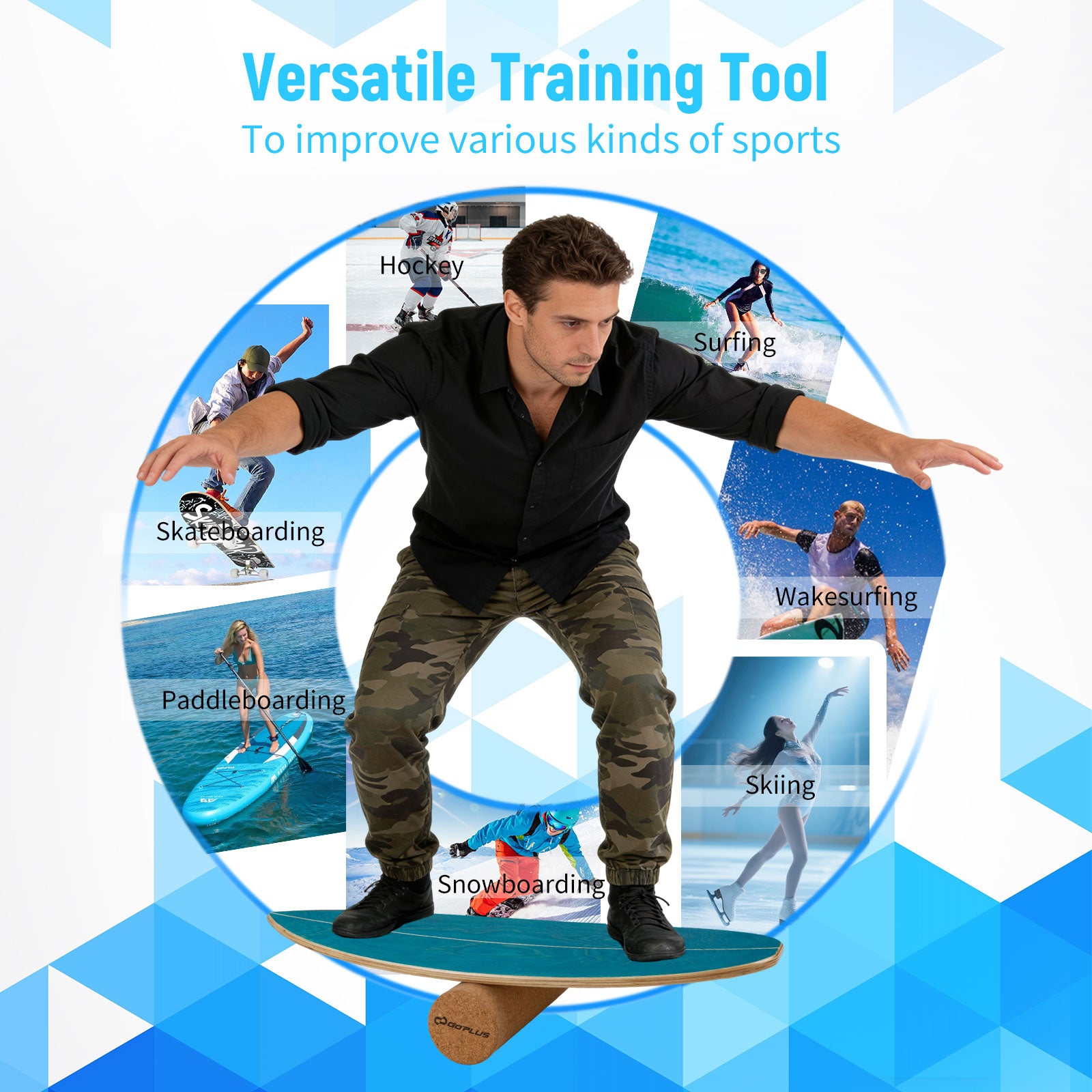 Wooden Balancing Board with Cork Roller and Storage Rack to Exercise-SE, Blue Sport Equipments at Gallery Canada