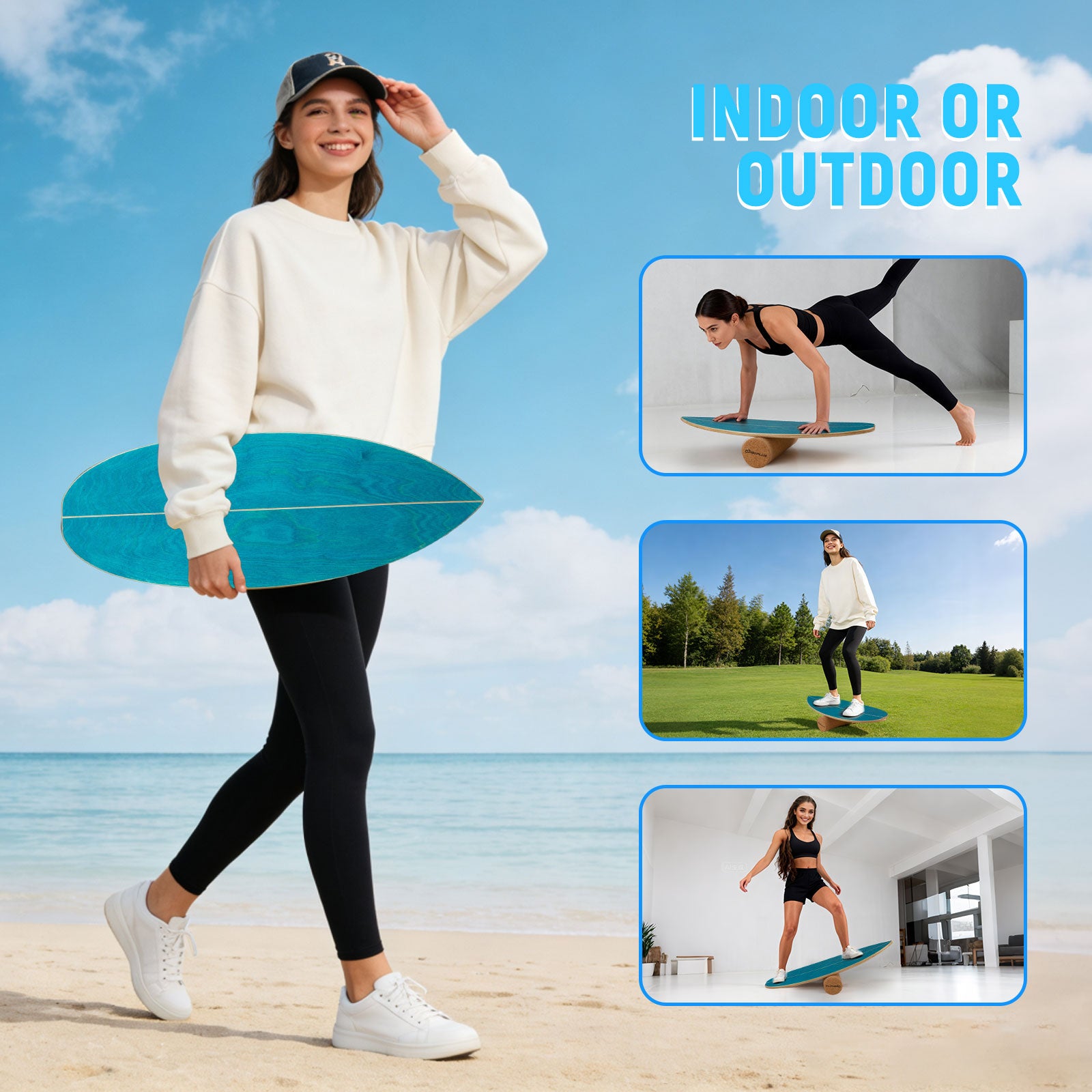 Wooden Balancing Board with Cork Roller and Storage Rack to Exercise-SE, Blue Sport Equipments at Gallery Canada