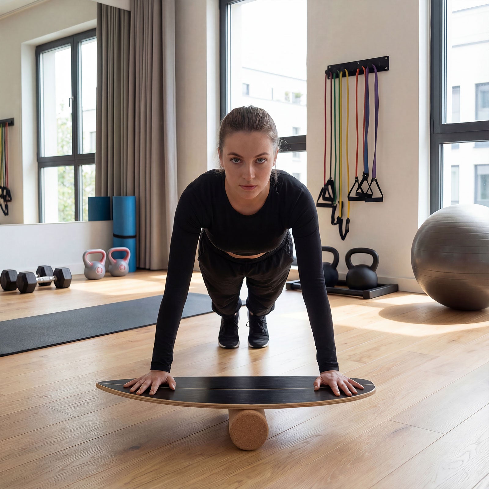 Wooden Balancing Board with Cork Roller and Storage Rack to Exercise-HS, Black Sport Equipments at Gallery Canada