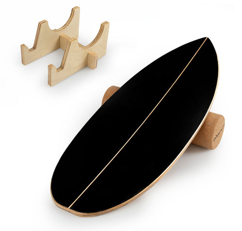 Wooden Balancing Board with Cork Roller and Storage Rack to Exercise-HS, Black