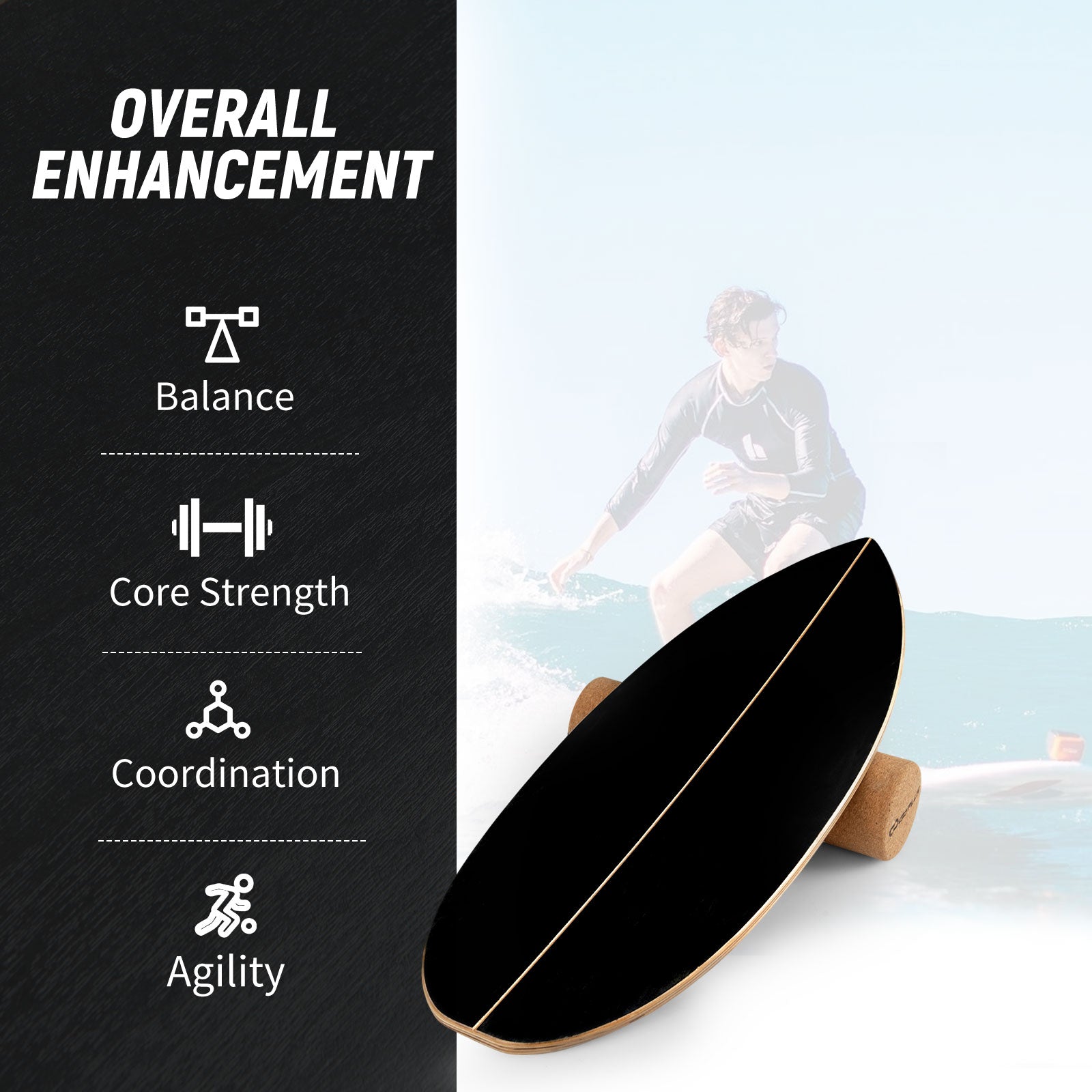 Wooden Balancing Board with Cork Roller and Storage Rack to Exercise-HS, Black Sport Equipments at Gallery Canada