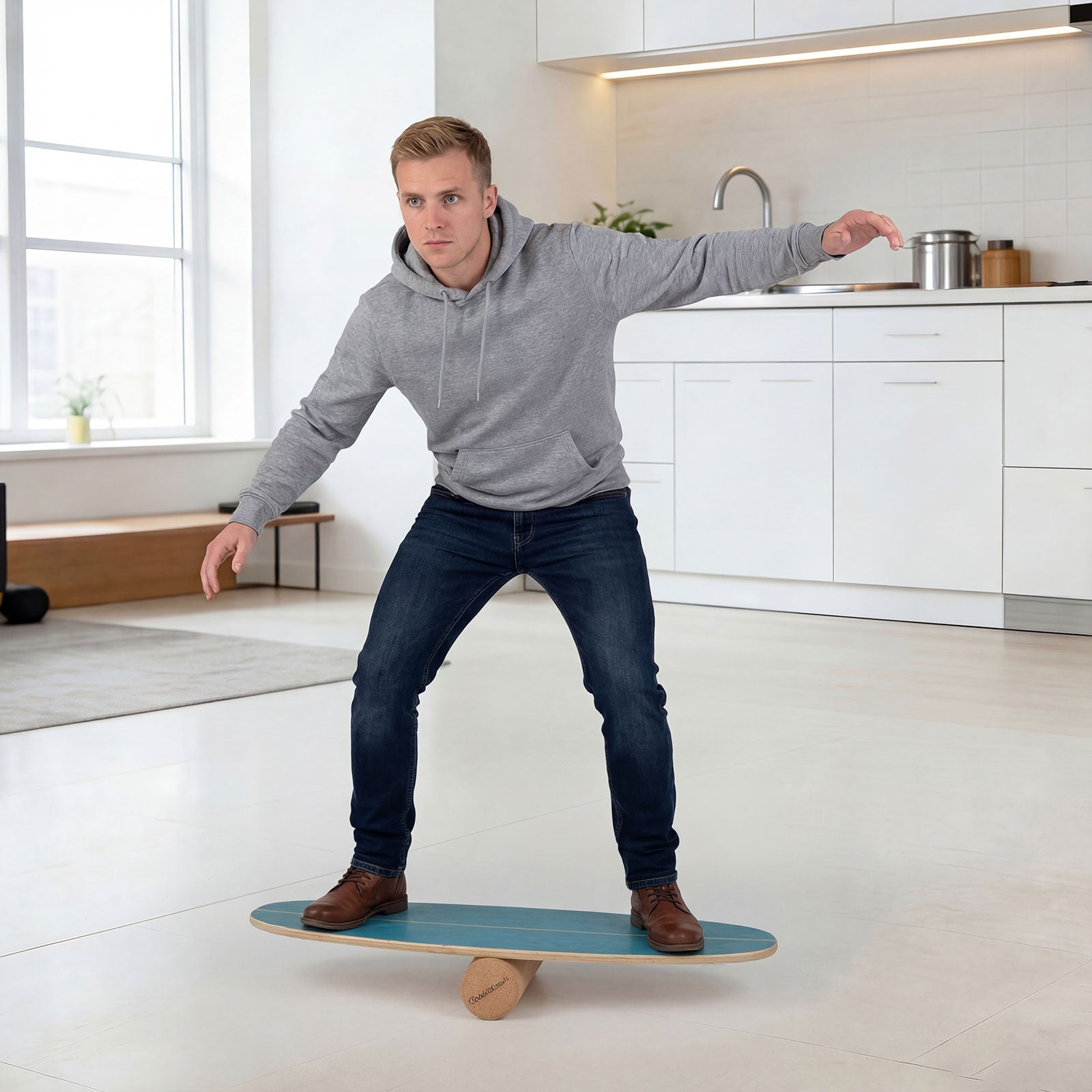 Wooden Balancing Board with Cork Roller and Storage Rack to Exercise-SE, Blue Sport Equipments at Gallery Canada