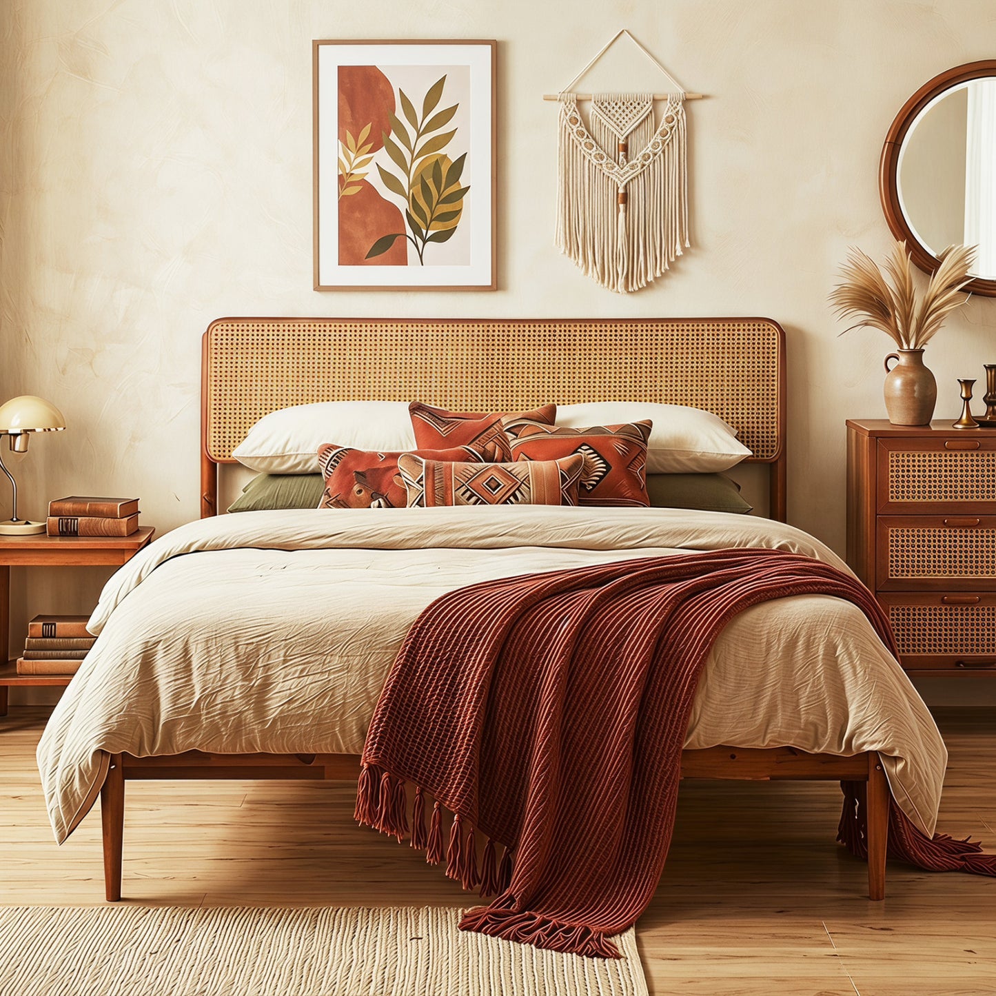 Wooden Boho Rattan Bed Frame