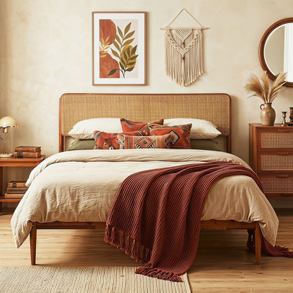 Wooden Boho Rattan Bed Frame