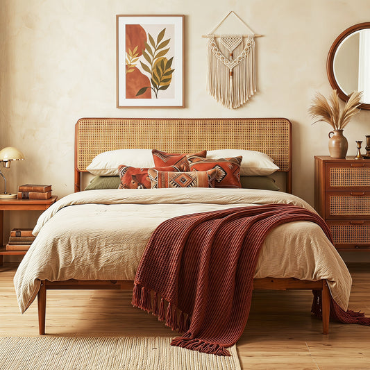 Wooden Boho Rattan Bed Frame Simple Bed Frame Brown at Gallery Canada